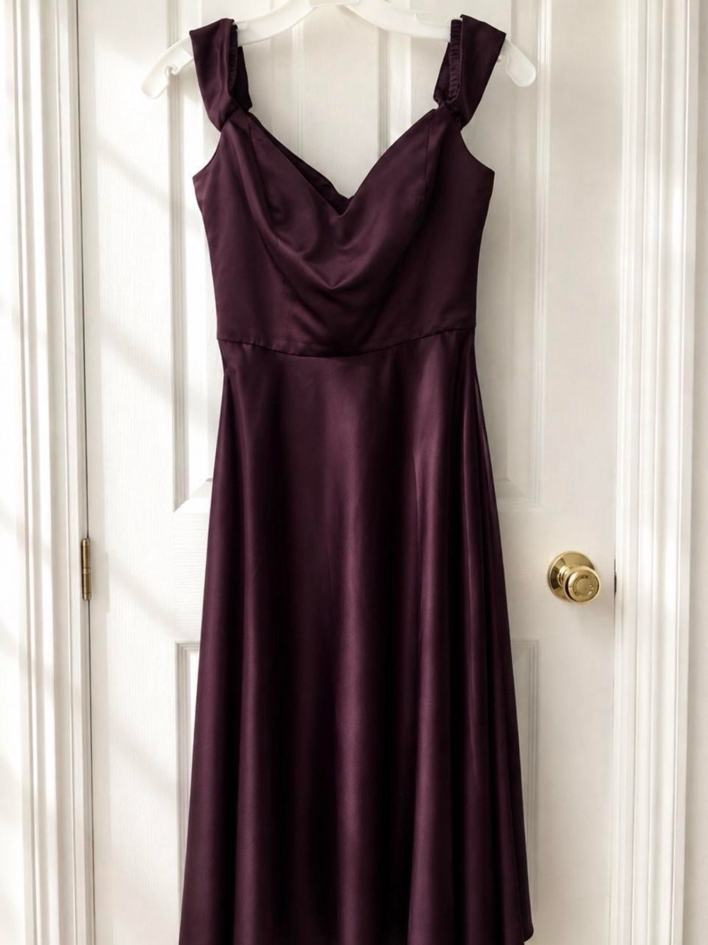 David's Bridal Deep Plum Satin Cowl Neck A-Line Dress